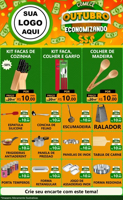 Modelo de Encarte para Encarte Grande com o tema Comece Outubro Economizando para Utilidades Domésticas