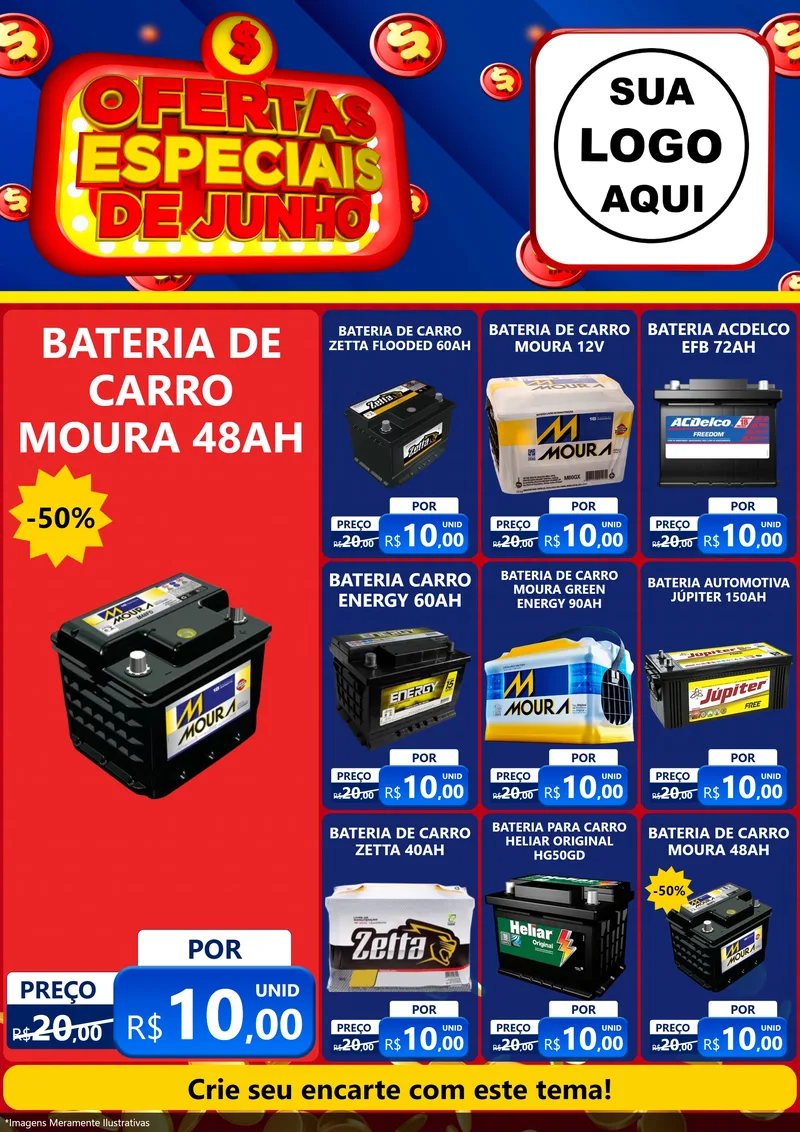Modelo de Encarte para Encarte A4 Vertical com o tema Ofertas Especiais de Junho para Baterias Elétricas