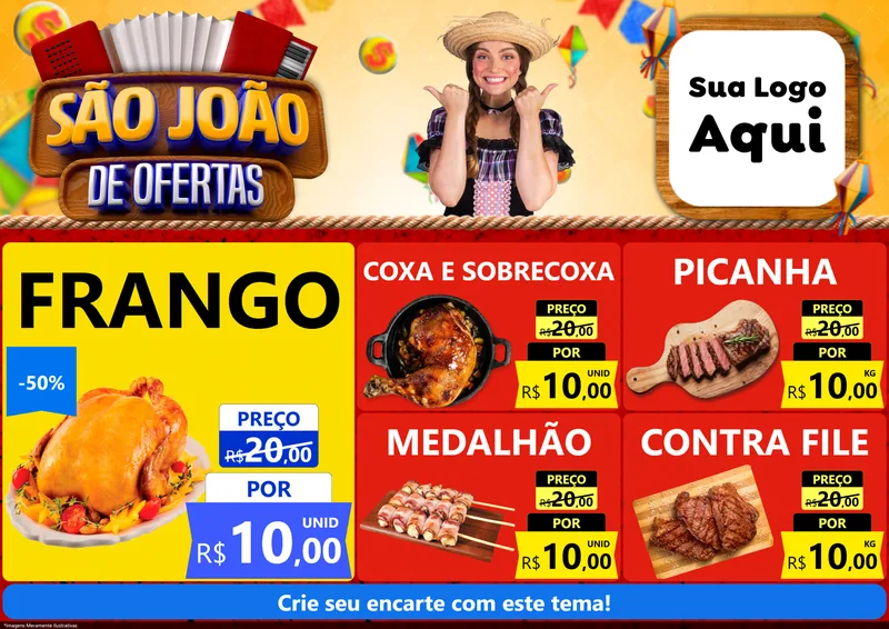 Modelo de Encarte para Encarte A4 Horizontal com o tema São João de Ofertas para Assados