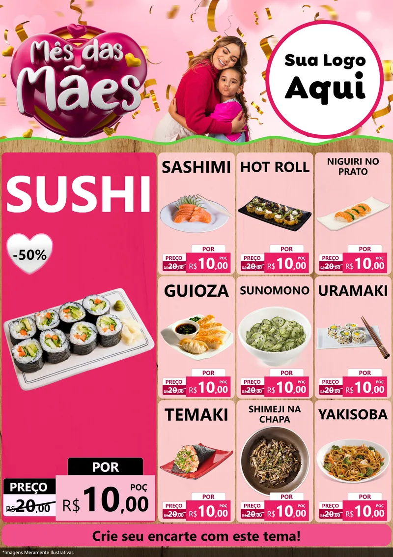 Modelo de Encarte para Encarte A4 Vertical com o tema Mês das Mães para Comida japonesa