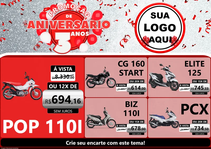 Modelo de Encarte para Encarte A4 Horizontal com o tema Promoção de Aniversário - 3 Anos para Concessionaria de Motos