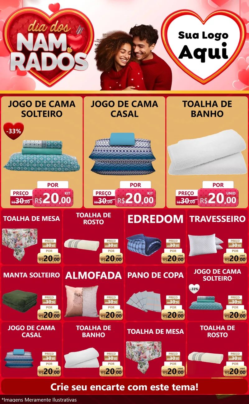 Modelo de Encarte para Encarte Grande com o tema Dia dos Namorados para Cama, Mesa e Banho