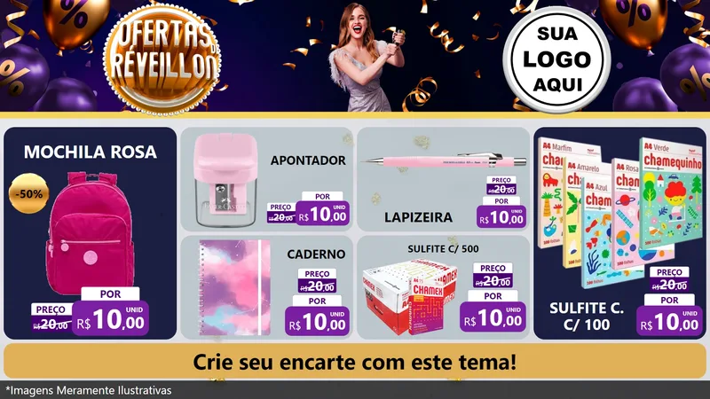 Modelo de TV para TV Horizontal com o tema Ofertas de Réveillon para Papelaria