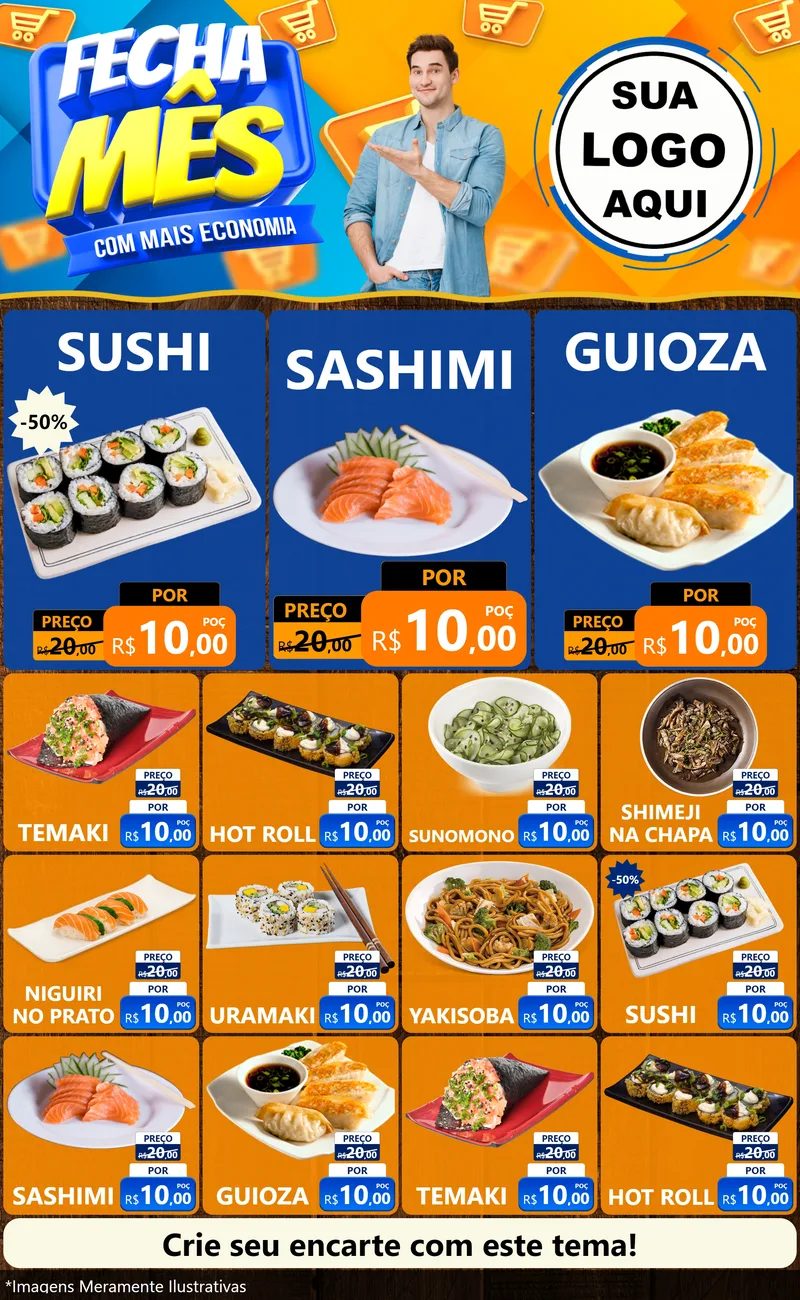 Modelo de Encarte para Encarte Grande com o tema Fecha Mês Com Mais Economia para Comida japonesa