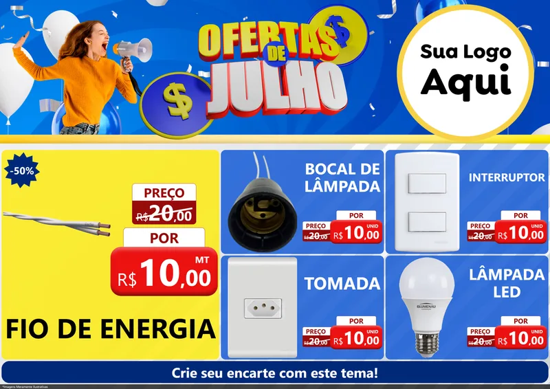Modelo de Encarte para Encarte A4 Horizontal com o tema Ofertas de Julho para Materiais Elétricos