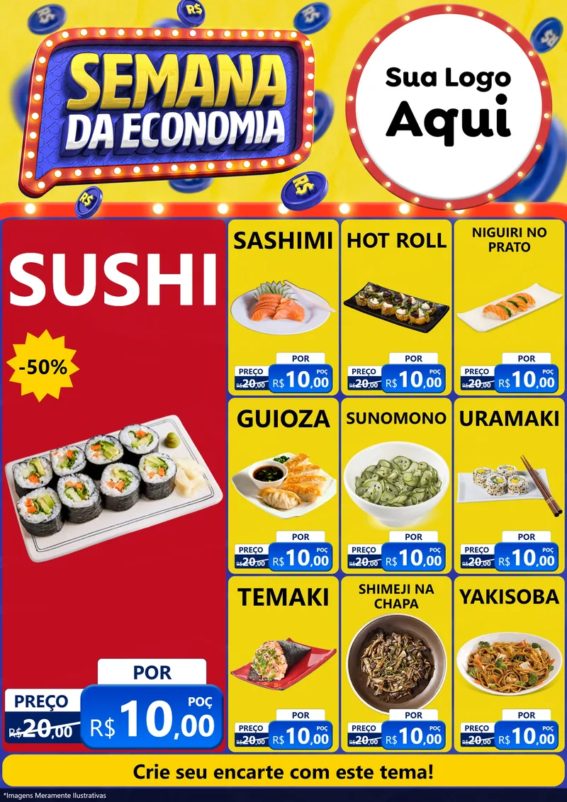 Modelo de Encarte para Encarte A4 Vertical com o tema Semana da Economia para Comida japonesa