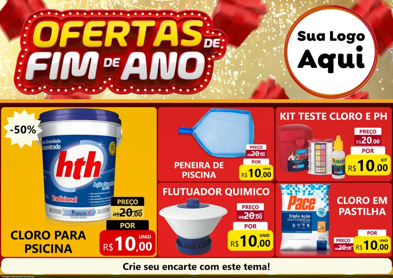 Modelo de Encarte para Encarte A4 Horizontal com o tema Ofertas de Fim de Ano para Produtos para Piscina