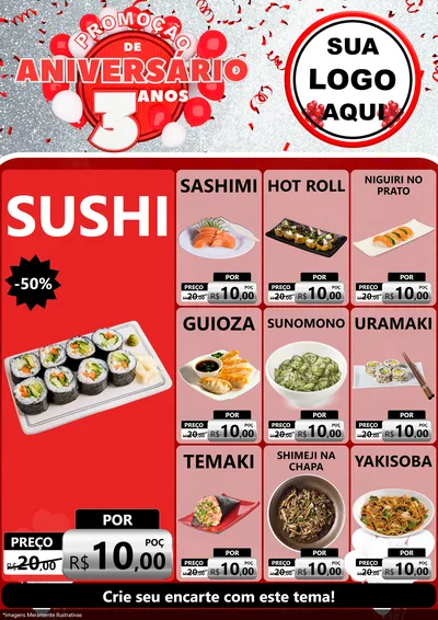 Modelo de Encarte para Encarte A4 Vertical com o tema Promoção de Aniversário - 3 Anos para Comida japonesa