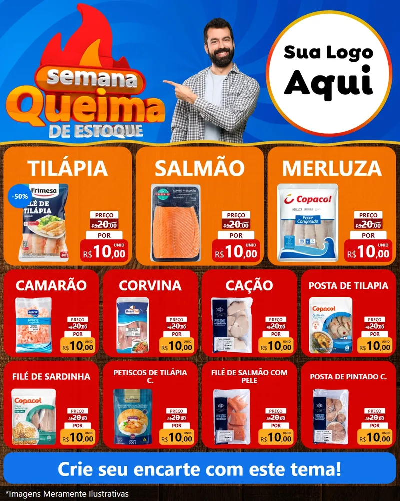 Modelo de Rede Social para Feed Instagram com o tema Semana Queima de Estoque para Peixaria