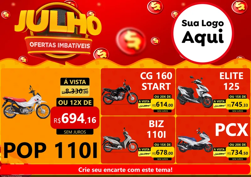 Modelo de Encarte para Encarte A4 Horizontal com o tema Julho Ofertas Imbatíveis para Concessionaria de Motos
