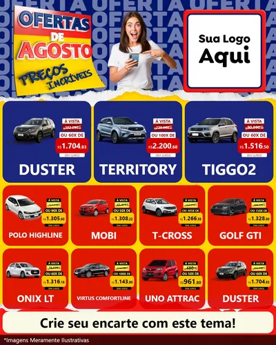 Modelo de Rede Social para Feed Instagram com o tema Ofertas de Agosto - Preços Incríveis para Concessionaria de Carros