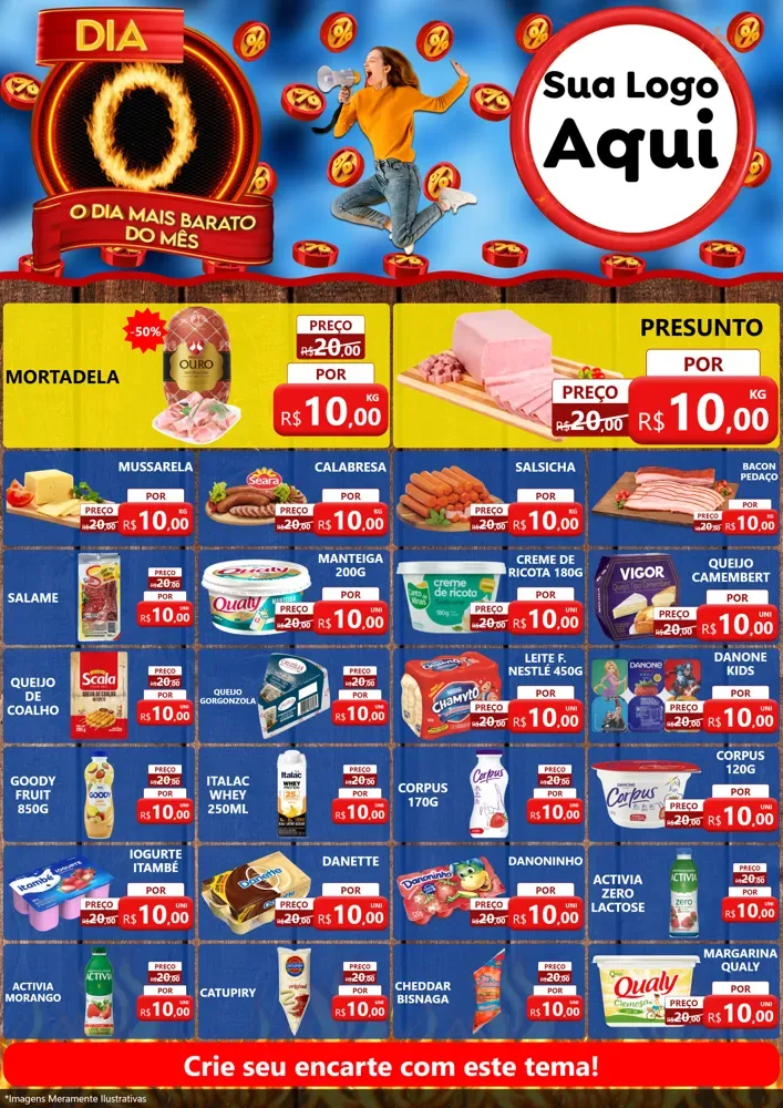 Modelo de Encarte para Encarte A4 Vertical com o tema Dia O - O Dia Mais Barato Do Mês para Frios e Laticínios