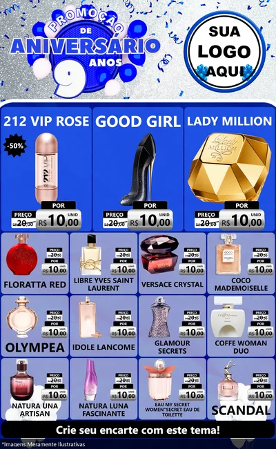 Modelo de Encarte para Encarte Grande com o tema Promoção de Aniversário - 9 Anos para Perfumes