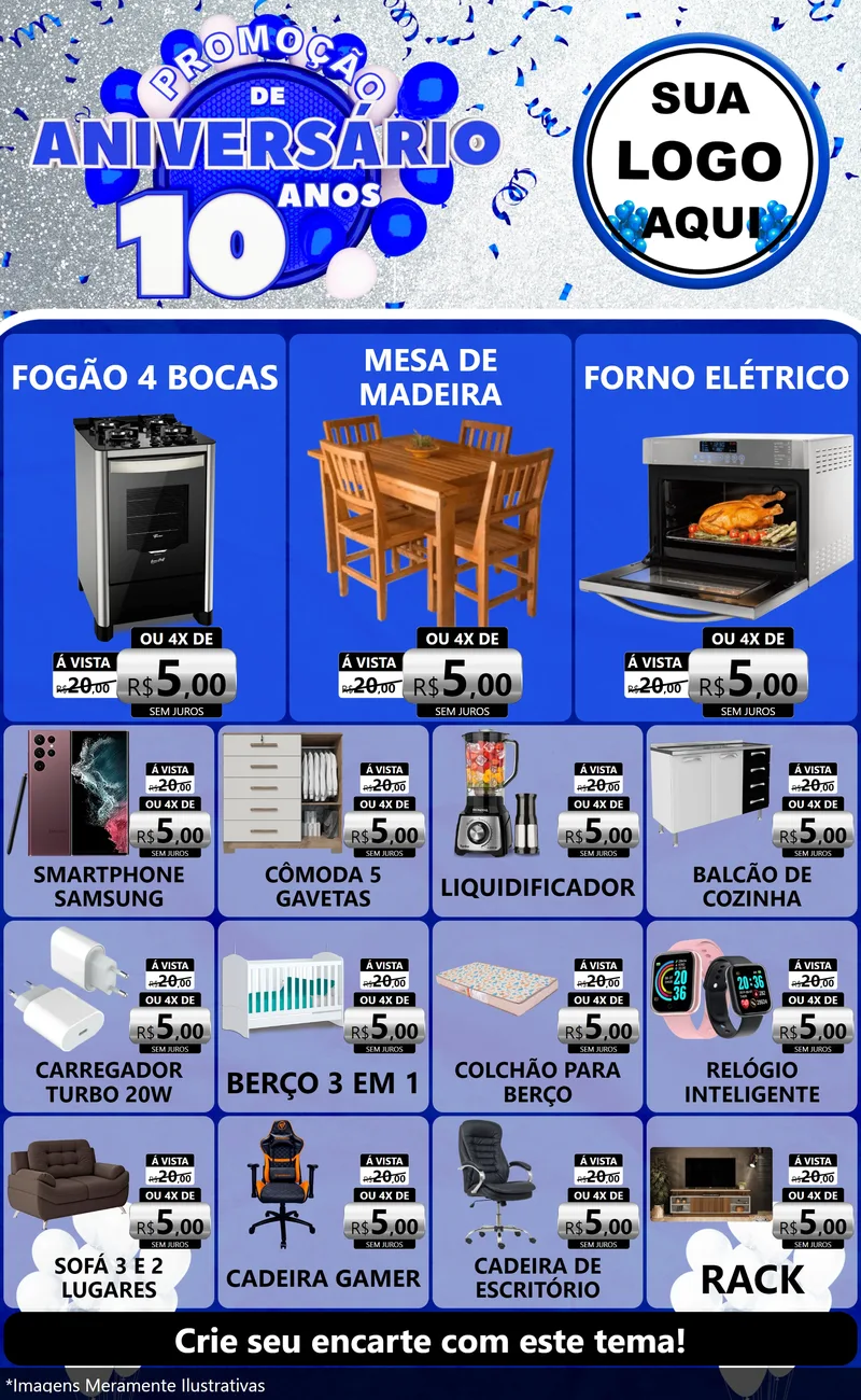 Modelo de Encarte para Encarte Grande com o tema Promoção de Aniversário - 10 Anos para Móveis e Eletro