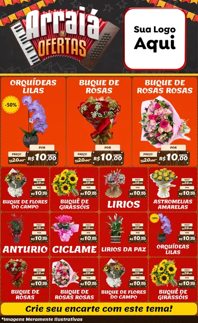 Modelo de Encarte para Encarte Grande com o tema Arraiá de Ofertas - Junina para Floricultura e jardim