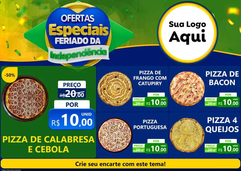Modelo de Encarte para Encarte A4 Horizontal com o tema Ofertas Especiais Feriado da Independência para Pizzaria