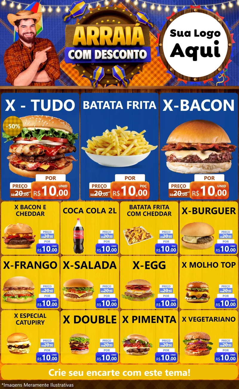 Modelo de Encarte para Encarte Grande com o tema Arraiá Com Desconto para Hamburgueria