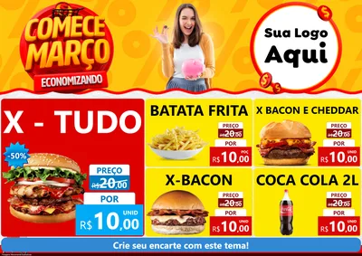 Modelo de Encarte para Encarte A4 Horizontal com o tema Comece Março Economizando para Hamburgueria