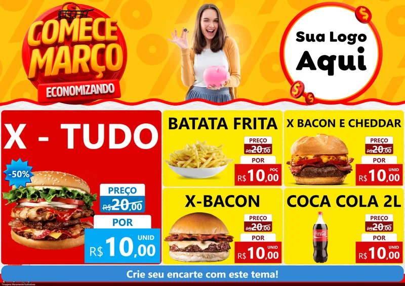 Modelo de Encarte para Encarte A4 Horizontal com o tema Comece Março Economizando para Hamburgueria