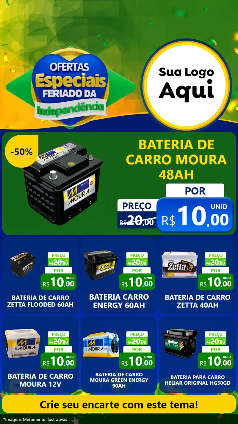 Modelo de Rede Social para Stories com o tema Ofertas Especiais Feriado da Independência para Baterias Elétricas