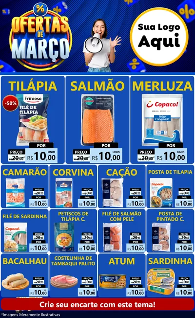 Modelo de Encarte para Encarte Grande com o tema Ofertas de Março para Peixaria