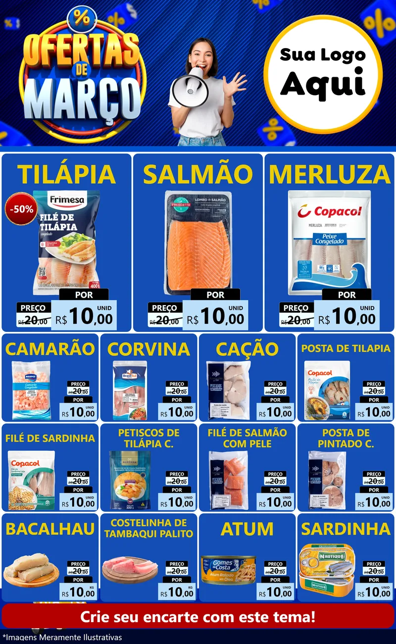Modelo de Encarte para Encarte Grande com o tema Ofertas de Março para Peixaria