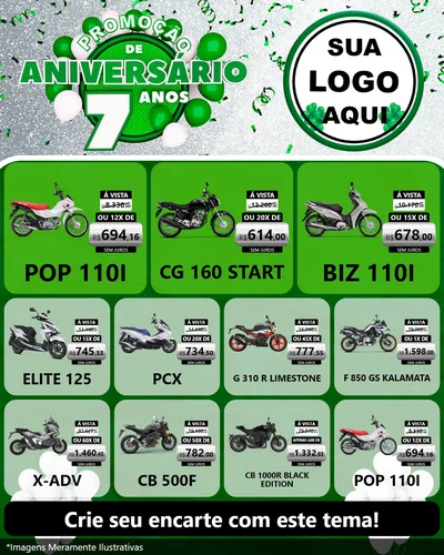Modelo de Rede Social para Feed Instagram com o tema Promoção de Aniversário - 7 Anos para Concessionaria de Motos