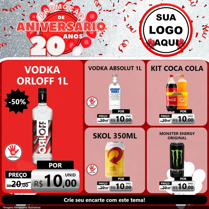 Modelo de Rede Social para Feed Facebook com o tema Promoção de Aniversário - 20 Anos para Distribuidora de bebidas