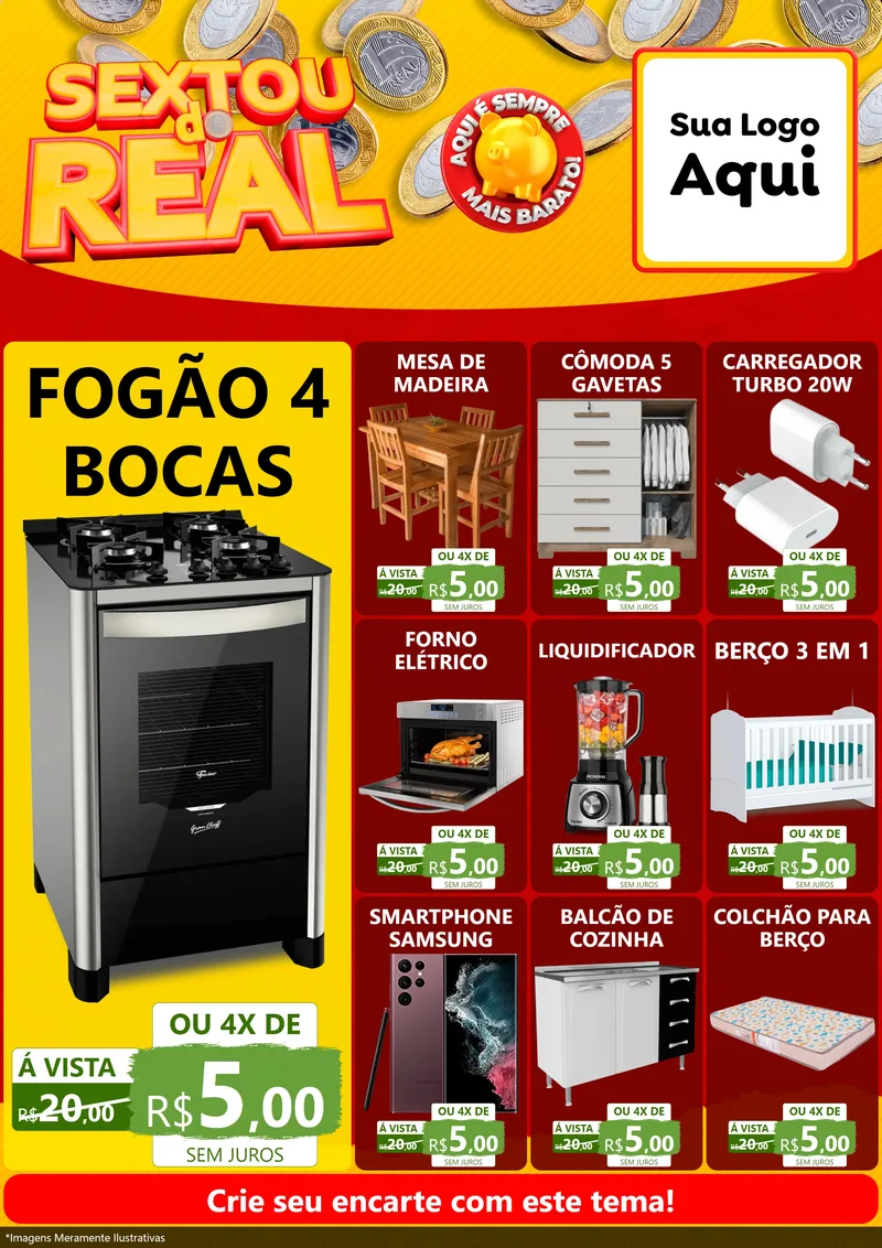Modelo de Encarte para Encarte A4 Vertical com o tema Sextou do Real para Móveis e Eletro