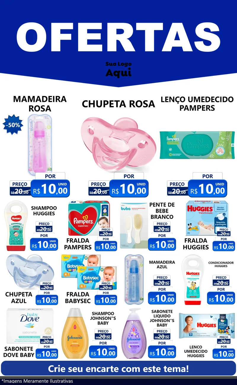 Modelo de Encarte para Encarte Grande com o tema Ofertas Azul Cartaz para Bebês