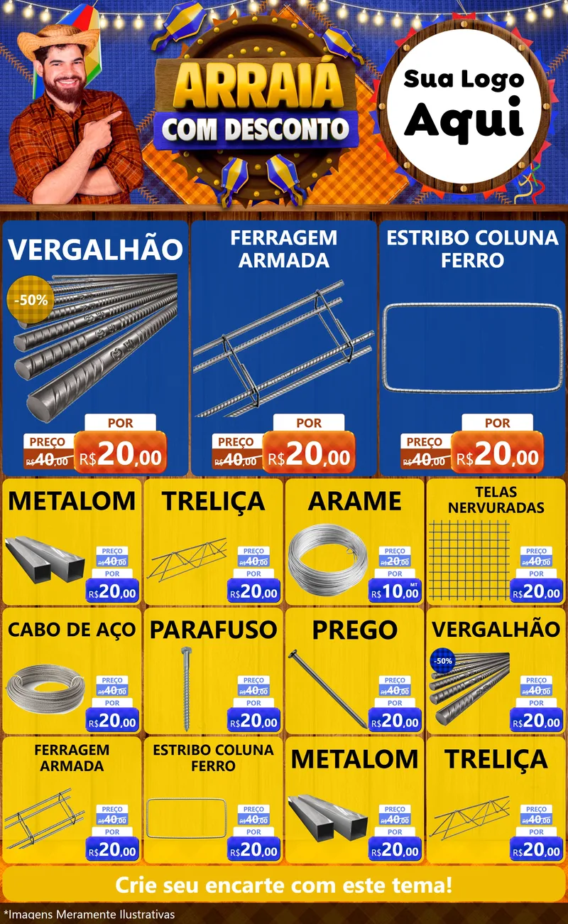 Modelo de Encarte para Encarte Grande com o tema Arraiá Com Desconto para Ferragens
