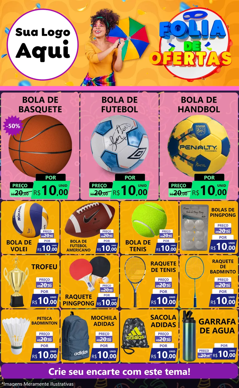 Modelo de Encarte para Encarte Grande com o tema Folia de Ofertas para Artigos Esportivos