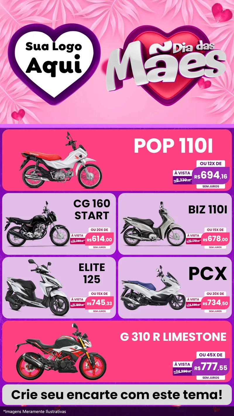 Modelo de TV para TV Vertical com o tema Dia das Mães para Concessionaria de Motos
