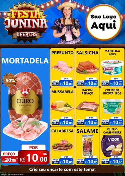 Modelo de Encarte para Encarte A4 Vertical com o tema Festa Junina Ofertas para Frios e Laticínios