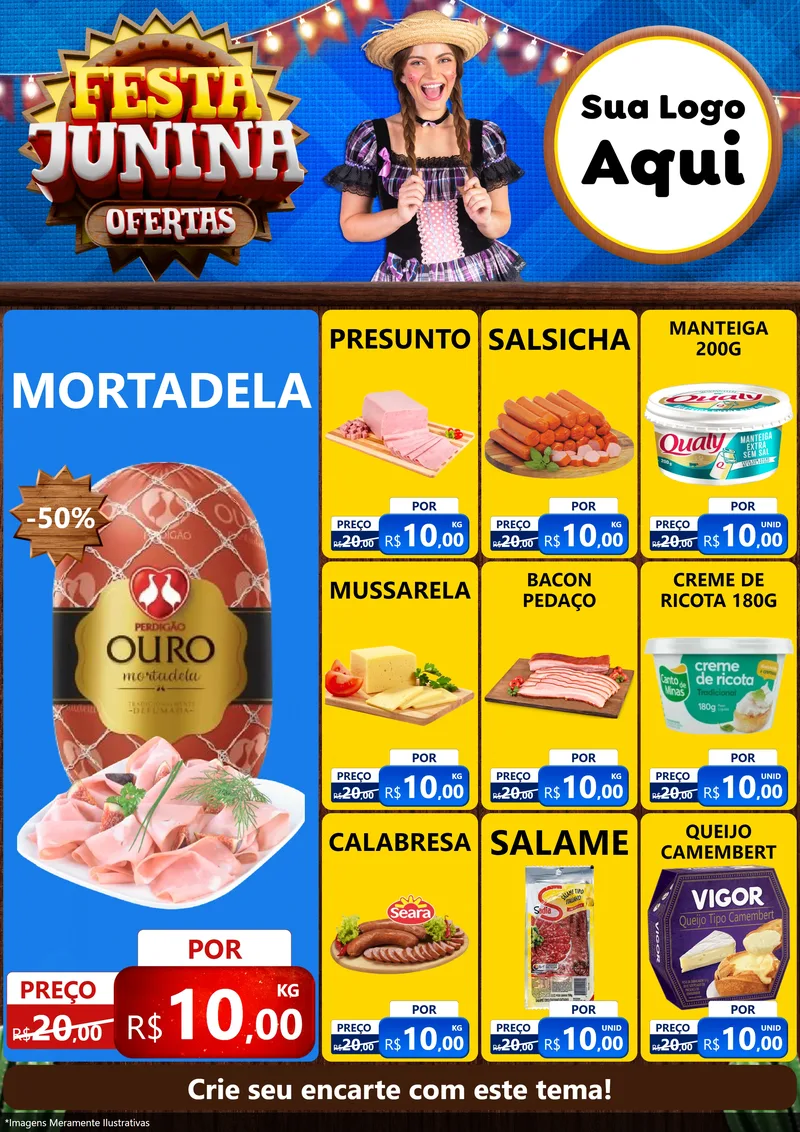 Modelo de Encarte para Encarte A4 Vertical com o tema Festa Junina Ofertas para Frios e Laticínios