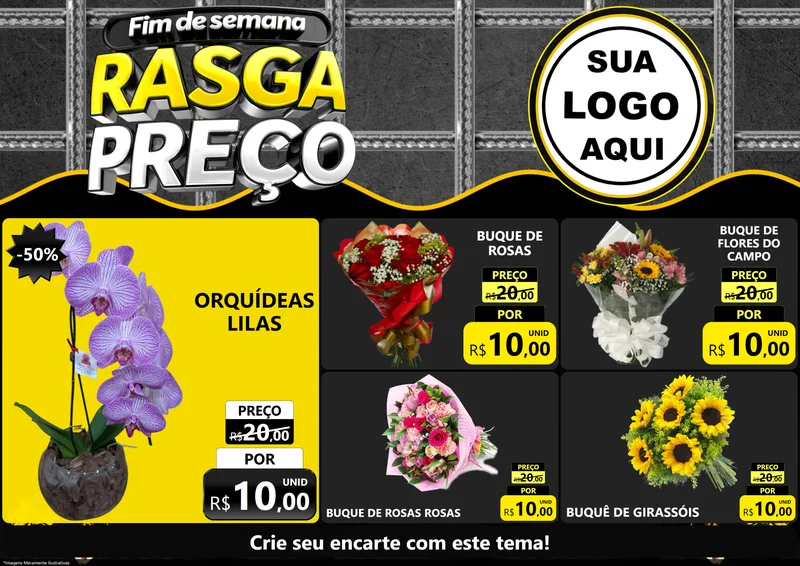 Modelo de Encarte para Encarte A4 Horizontal com o tema Fim de Semana Rasga Preço para Floricultura e jardim