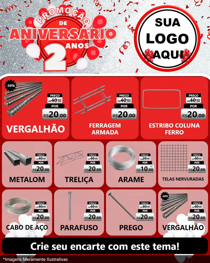 Modelo de Rede Social para Feed Instagram com o tema Promoção de Aniversário - 2 Anos para Ferragens