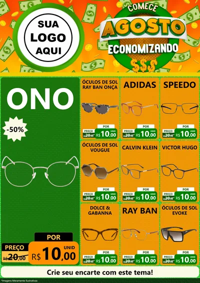 Modelo de Encarte para Encarte A4 Vertical com o tema Comece Agosto Economizando para Óticas