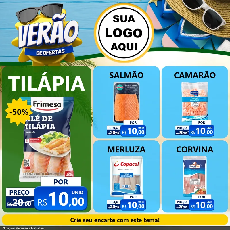 Modelo de Rede Social para Feed Facebook com o tema Verão de Ofertas para Peixaria