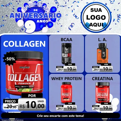 Modelo de Rede Social para Feed Facebook com o tema Promoção de Aniversário - 9 Anos para Suplementos alimentares