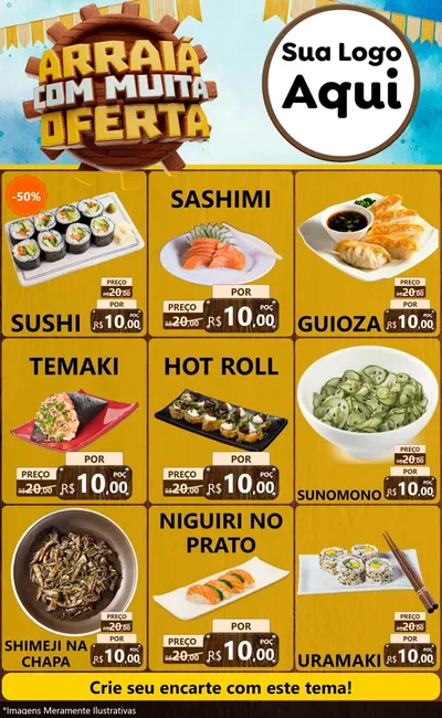 Modelo de Encarte para Encarte Grande com o tema Ofertas de São João - Junina para Comida japonesa