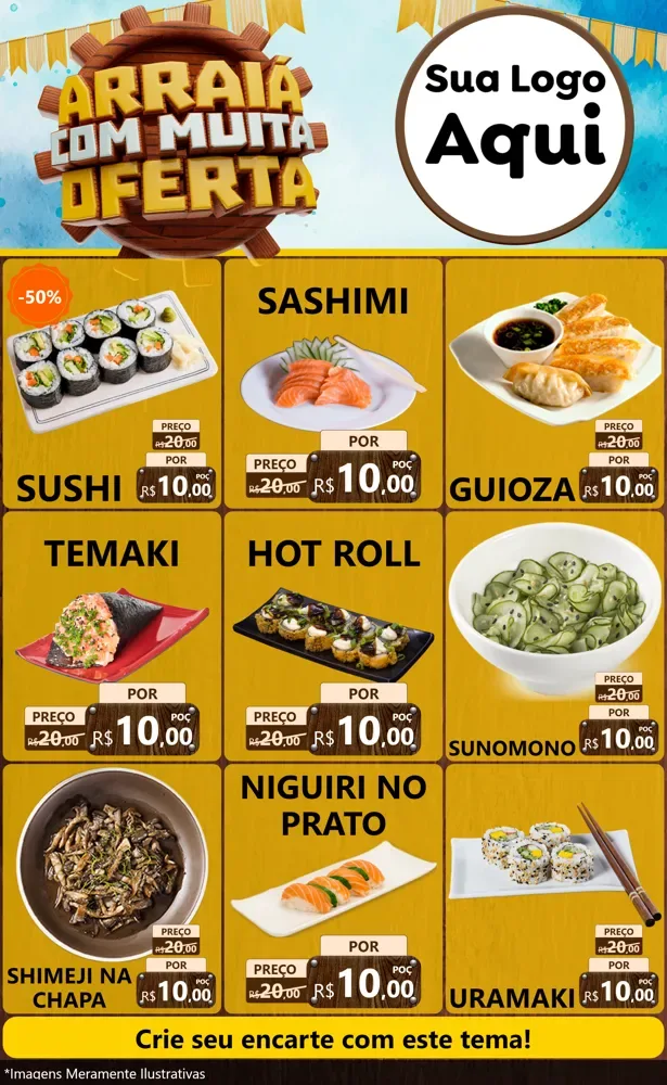 Modelo de Encarte para Encarte Grande com o tema Ofertas de São João - Junina para Comida japonesa