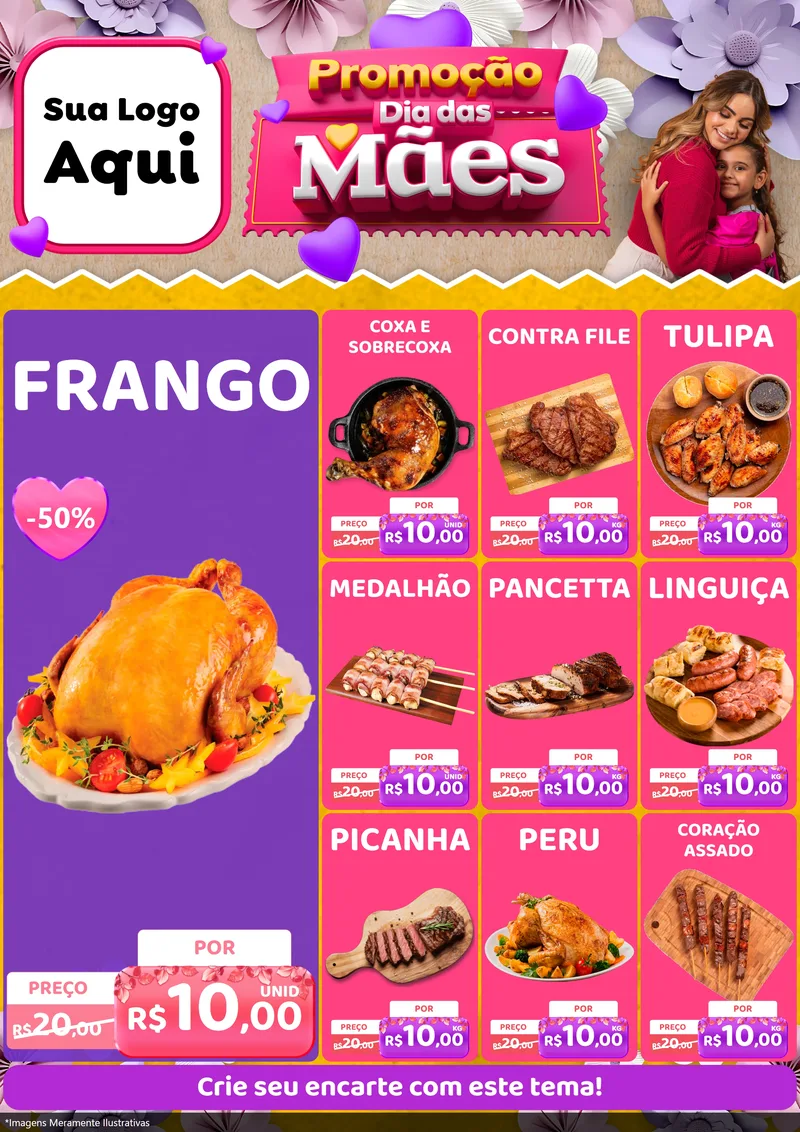 Modelo de Encarte para Encarte A4 Vertical com o tema Promoção Dia das Mães para Assados