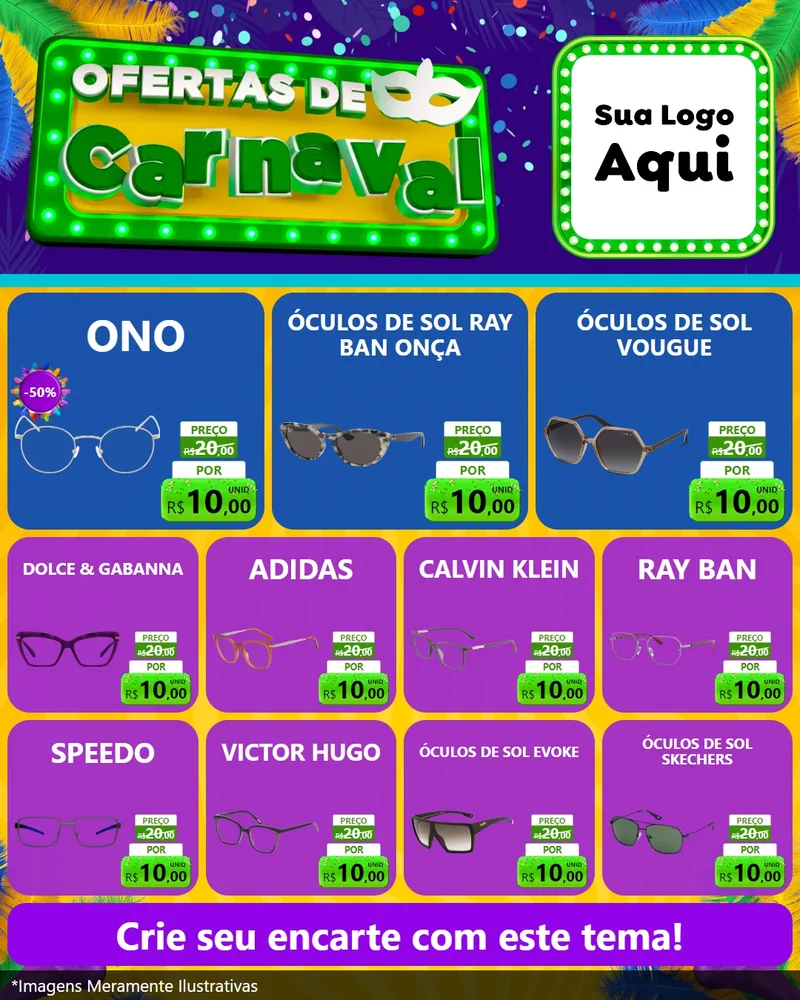 Modelo de Rede Social para Feed Instagram com o tema Ofertas de Carnaval para Óticas