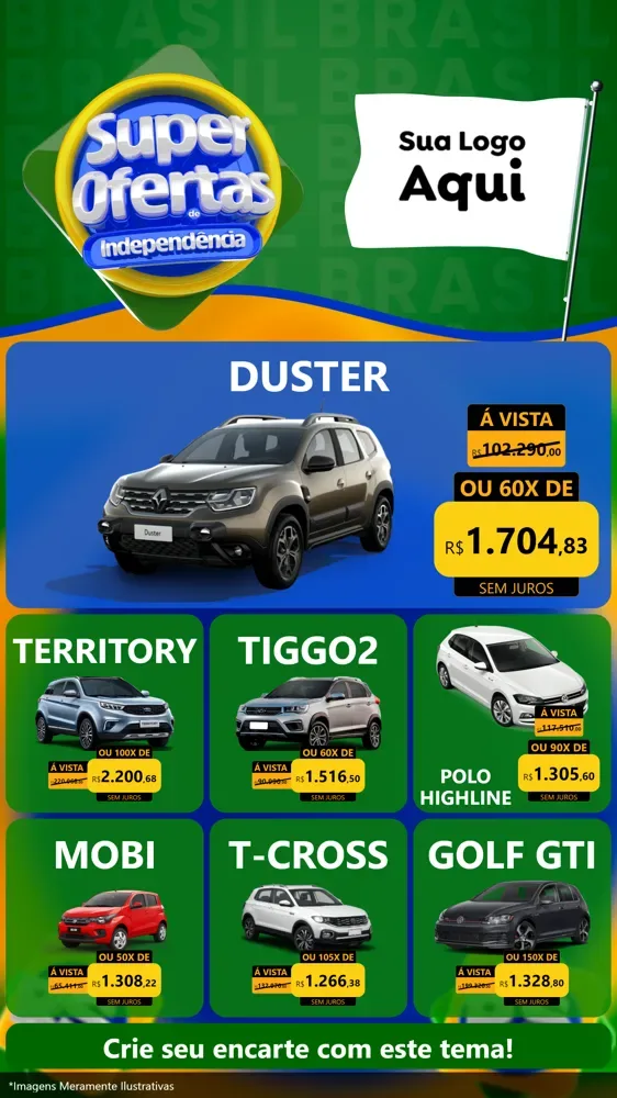 Modelo de Rede Social para Stories com o tema Super Ofertas de Independência para Concessionaria de Carros