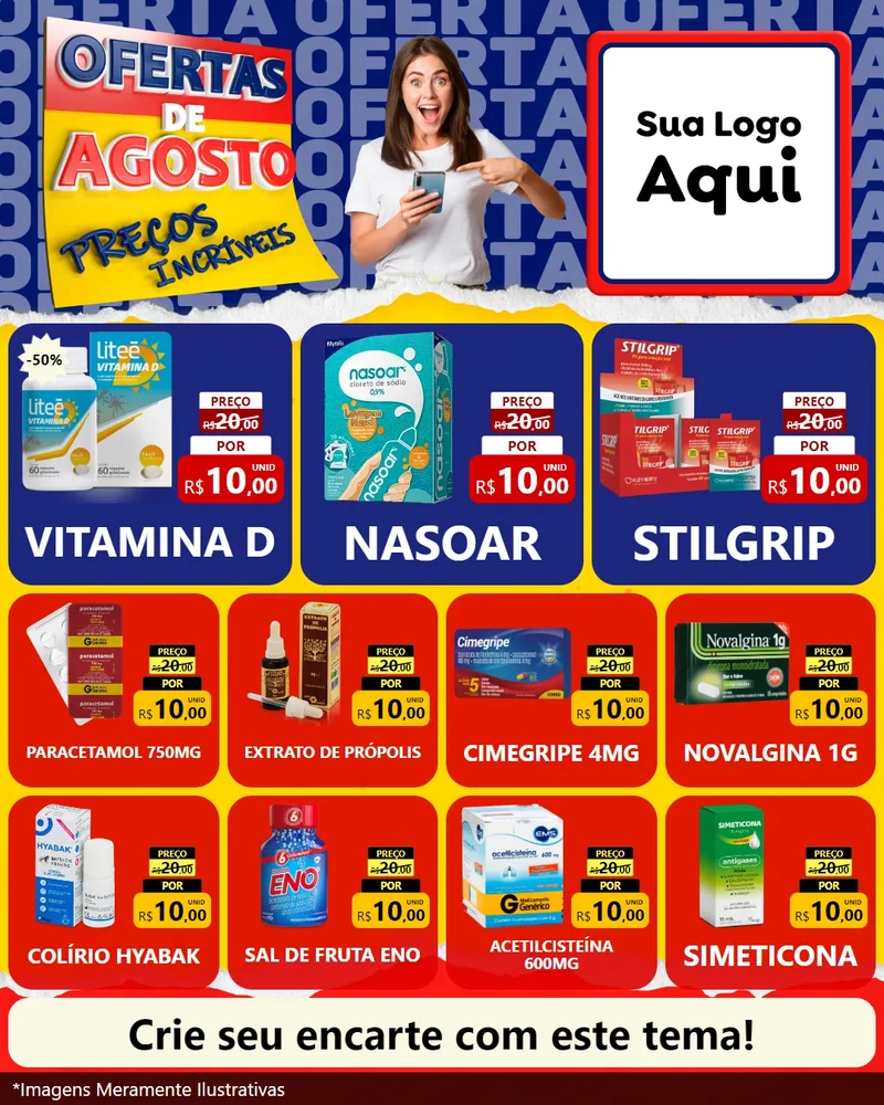 Modelo de Rede Social para Feed Instagram com o tema Ofertas de Agosto - Preços Incríveis para Farmácia