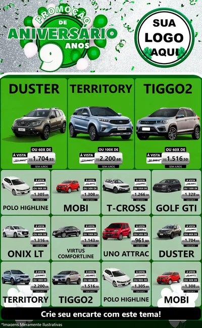 Modelo de Encarte para Encarte Grande com o tema Promoção de Aniversário - 9 Anos para Concessionaria de Carros