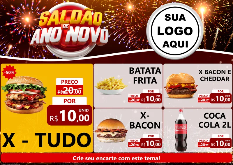 Modelo de Encarte para Encarte A4 Horizontal com o tema Saldão de Ano Novo para Hamburgueria