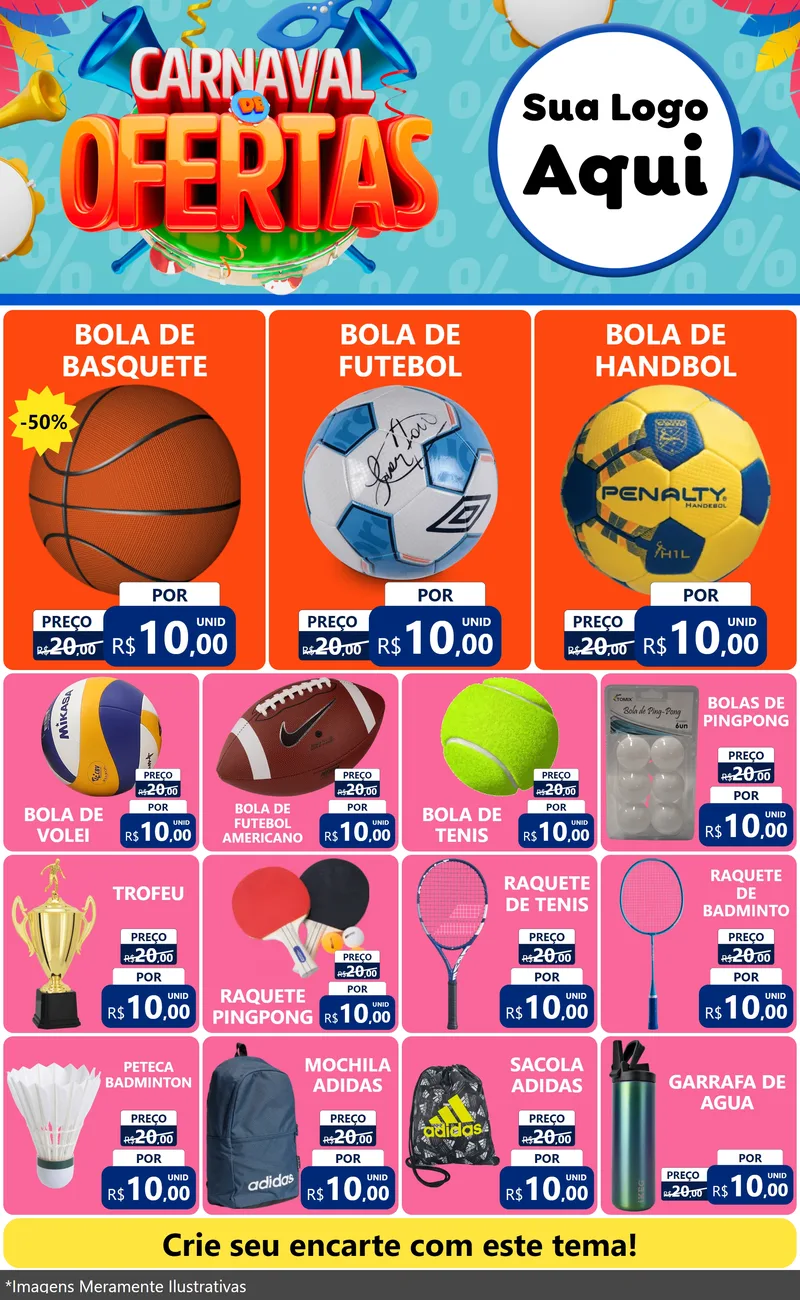 Modelo de Encarte para Encarte Grande com o tema Carnaval de Ofertas para Artigos Esportivos