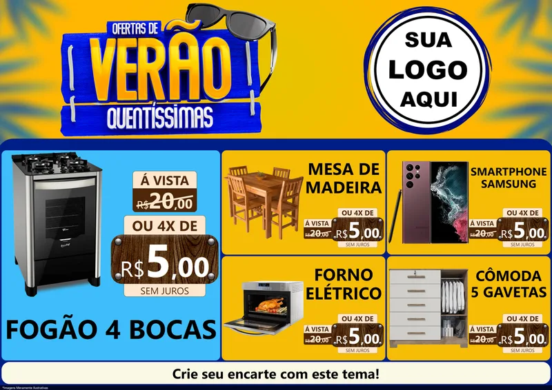 Modelo de Encarte para Encarte A4 Horizontal com o tema Ofertas de Verão Quentíssimas para Móveis e Eletro